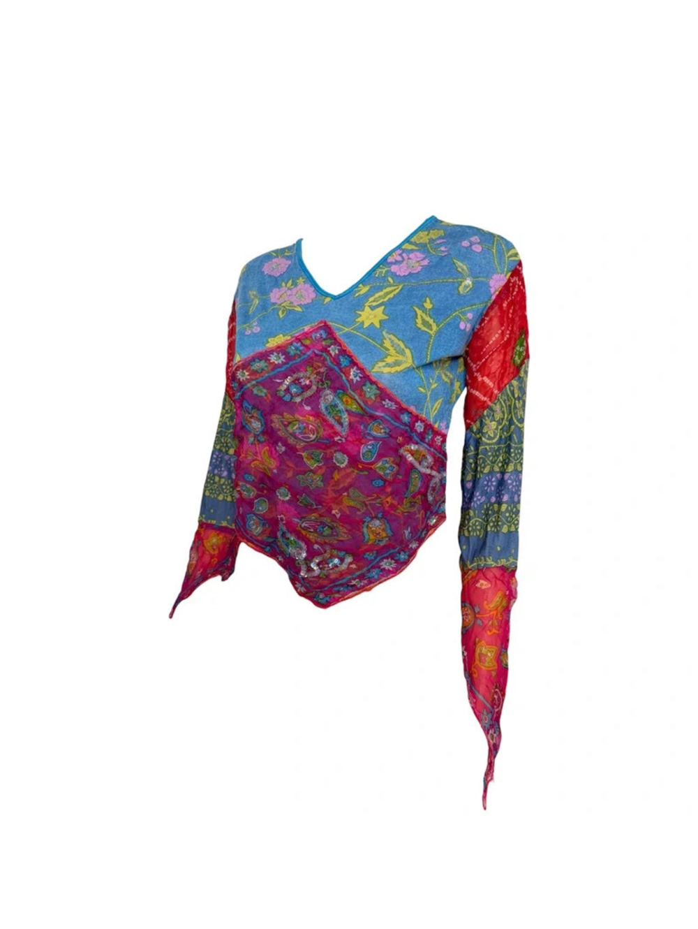René Derhy Y2K Floral Patchwork Top Paisley Sequin Bandana Print Pointed Sleeve